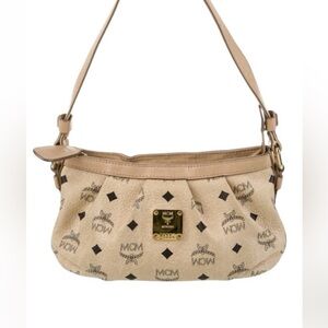 MCM Beige Logo Print Shoulder Bag